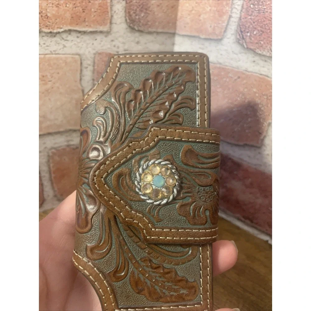 Nocona Phone Holder Case Leather Round Concho Turquoise & Brown With Clip